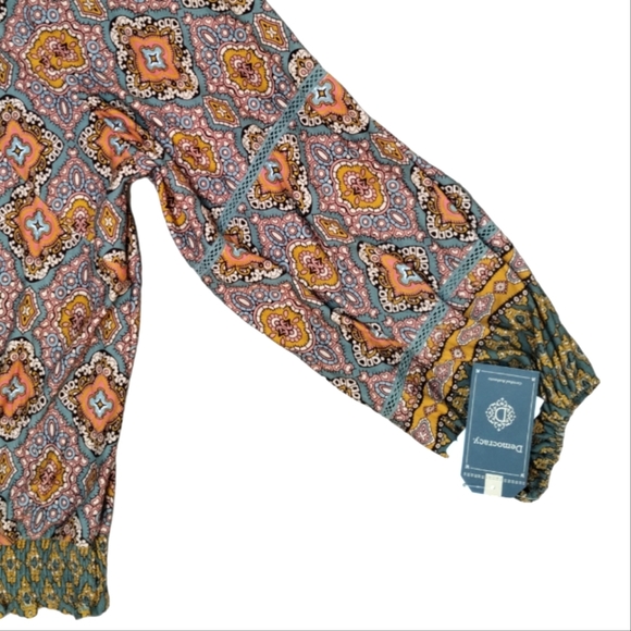 Democracy Bohemian Long Blouson Sleeve Smocked Hem Top Cottagecore - Picture 9 of 11